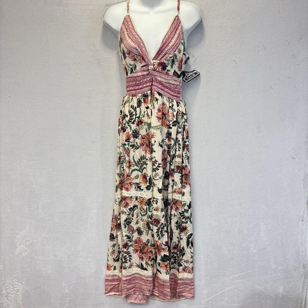 NWT Angie Floral Maxi Sundress Womens Medium Boho Smocked Lace Twist Resortwear
